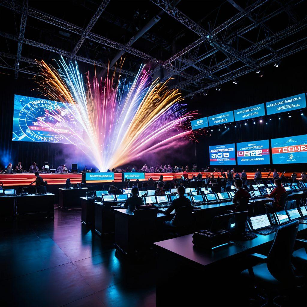 A dynamic scene of a vibrant typing competition with enthusiastic participants at sleek computers, each focused on their screens, surrounded by colorful text flying around them symbolizing speed and skill. Include a digital scoreboard displaying impressive scores and trophies in the background to evoke a sense of achievement. The atmosphere is bright and energetic, with spotlight effects and cheering crowds. super-realistic. vibrant colors. 3D.