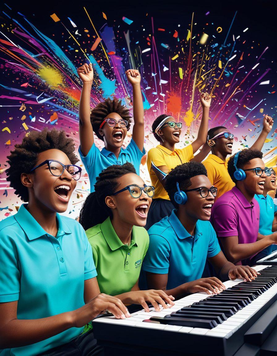 A dynamic and energetic scene depicting a diverse group of people competing in a lively typing competition, with colorful keyboards and screens displaying fast-moving words. Surround them with playful elements like confetti, trophies, and encouraging signs. Show expressions of excitement and determination on the participants' faces. The background should be vibrant and engaging, suggesting a fun atmosphere. 3D. vibrant colors.
