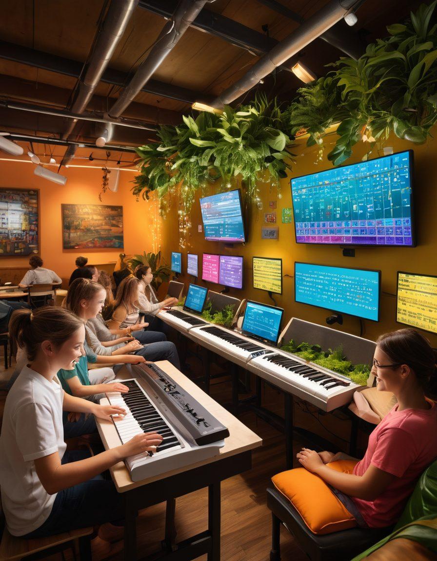 A vibrant scene depicting diverse individuals of all ages engaging in fun typing activities, surrounded by colorful keyboards and screens showcasing words flying through the air. The setting includes cozy corners with bean bags and plants, encouraging a lively and friendly atmosphere. A digital scoreboard in the background highlights competition and connection themes. super-realistic. vibrant colors. dynamic composition.